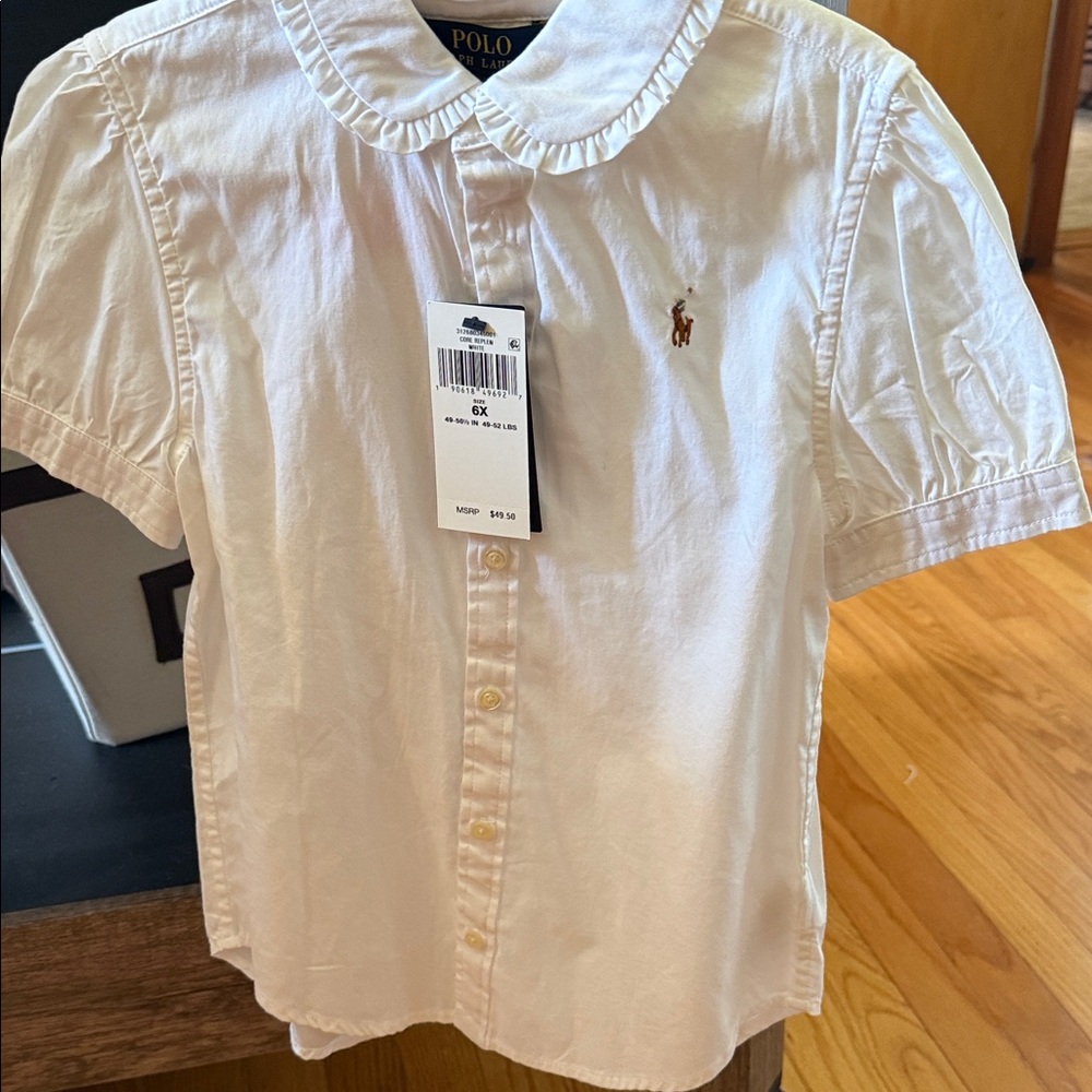 Polo by Ralph Lauren White Ruffled Collar Girls' Button-Up Shirt size 6x